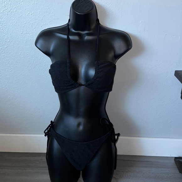 Black terry cloth Astro top with string bottom swimsuit set. - Picture 3 of 14